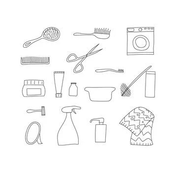 Set pattern with bathroom monoline elements. Hand drawn bathroom interior Stock Illustration