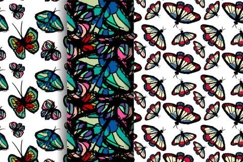 Set of pattern with butterfly. Hand drawn vector illustration. Illustrazione stock