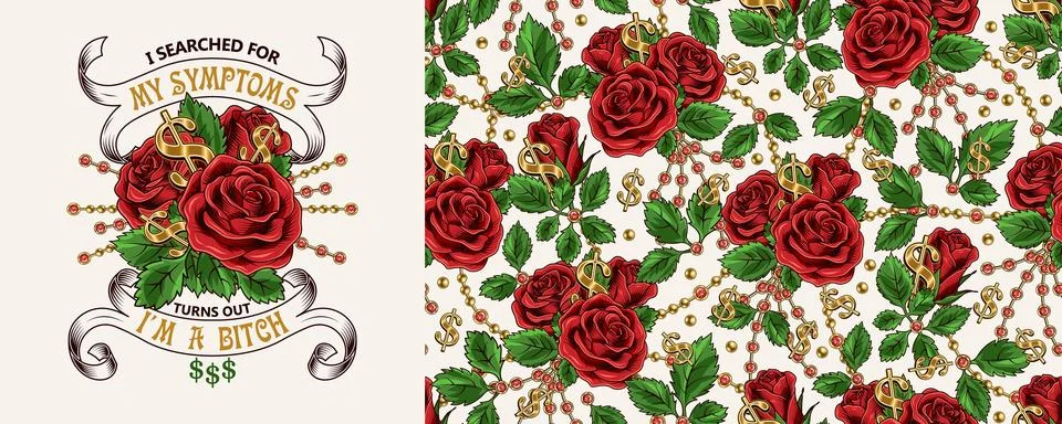 Set of pattern, emblem with red roses Stock Illustration