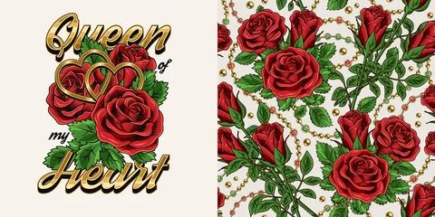 Set of pattern, emblem with text, lush blooming red roses, golden hearts, gol Stock Illustration