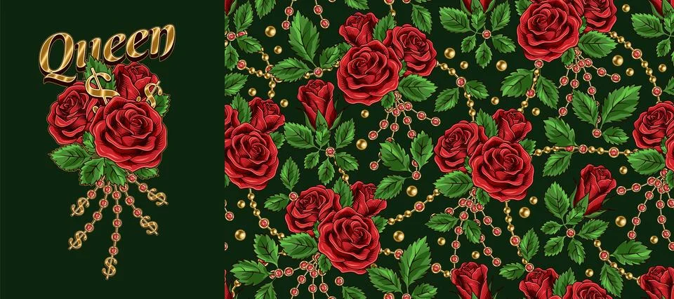 Set of pattern, emblem with text, red roses, gold ball chains with rhinestone Stock Illustration