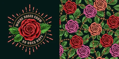 Set of pattern, emblem with text, roses, chains Stock Illustration