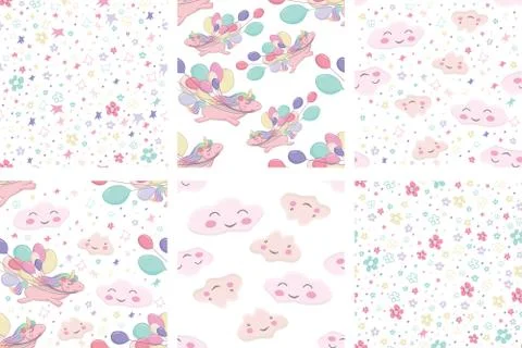 Set pattern with flying unicorn holds colorful balls in its mouth. cute cloud Stock Illustration