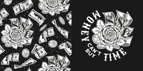 Set with pattern, label with cash money, rose Stock Illustration