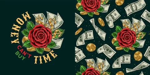 Set with pattern, label with cash money, roses Stock Illustration