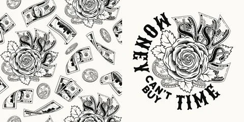 Set with pattern, label with cash money, rose Stock Illustration