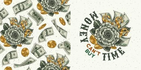 Set with pattern, label with cash money, roses Stock Illustration