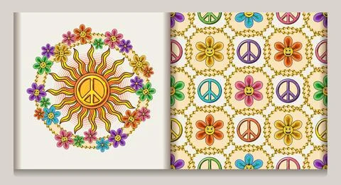 Set of pattern, label with chamomiles, peace sign Stock Illustration