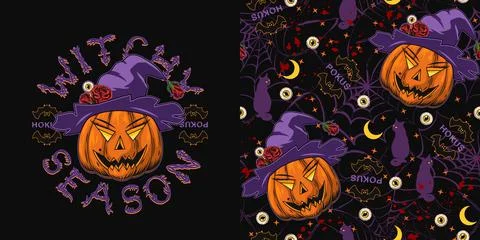 Set with pattern, label with halloween pumpkin like funny witch Stock Illustration