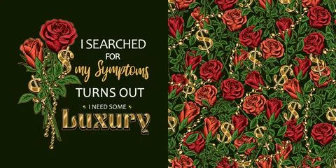 Set of pattern, label with red roses, golden ball chains, dollar sign, text Stock Illustration