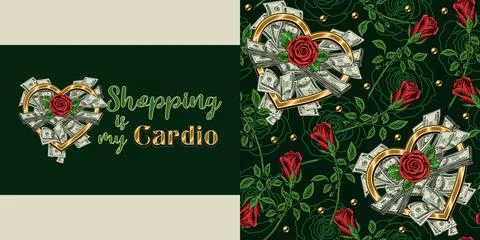 Set with pattern, label with roses, cash money in gold heart shaped frame Stock Illustration