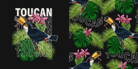 Set of pattern label with toucan, tropical foliage Stock Illustration