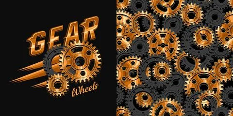 Set of pattern, logo with gears, text Illustrazione stock
