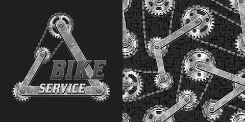 Set of pattern, logo with steel gears, bike chains Stock Illustration
