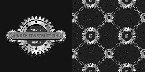 Set of pattern, logo with steel gears, chains Stock Illustration