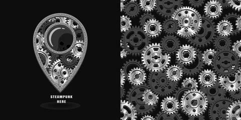 Set of pattern, logo with steel gears, chains Stock Illustration