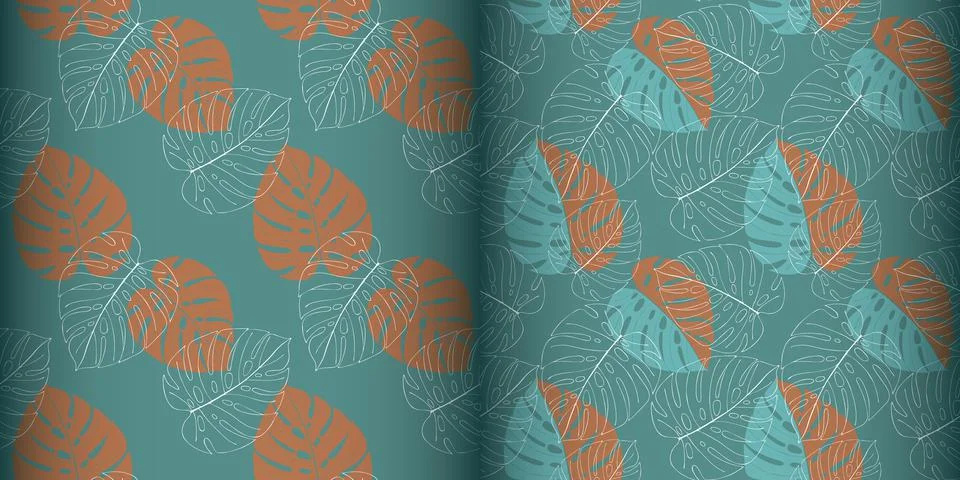 Set pattern Monstera doodle hand drawn, blue background. 스톡 일러스트
