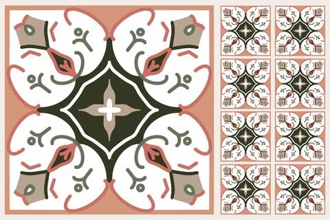 Set of patterned azulejo floor tiles. Abstract geometric background. Vector Stock Illustration