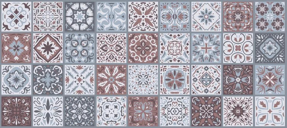 Set of patterned azulejo floor tiles. Collection of ceramic tiles Stock Illustration