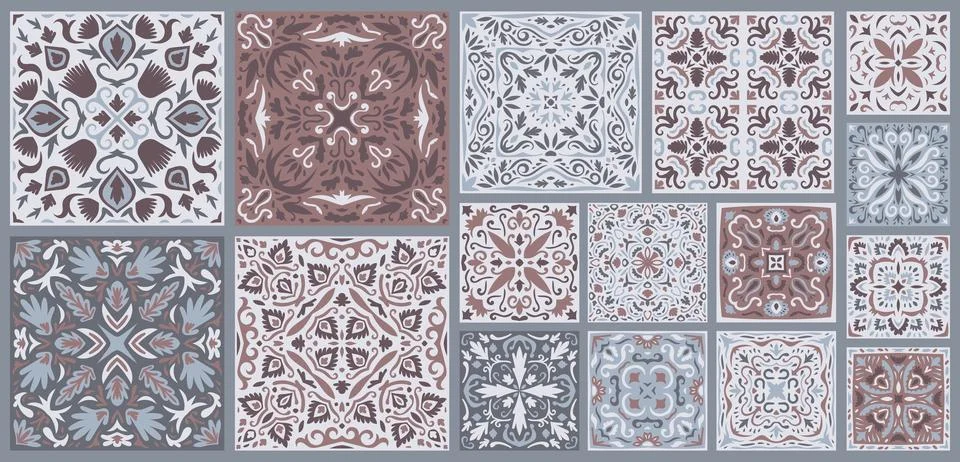 Set of patterned azulejo floor tiles. Collection of ceramic tiles Stock Illustration