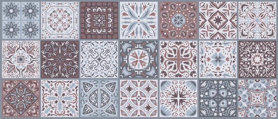 Set of patterned azulejo floor tiles. Collection of ceramic tiles Stock Illustration
