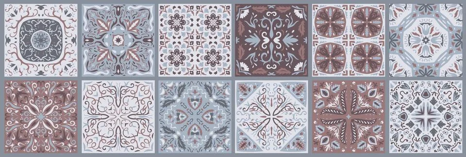 Set of patterned azulejo floor tiles. Collection of ceramic tiles Stock Illustration