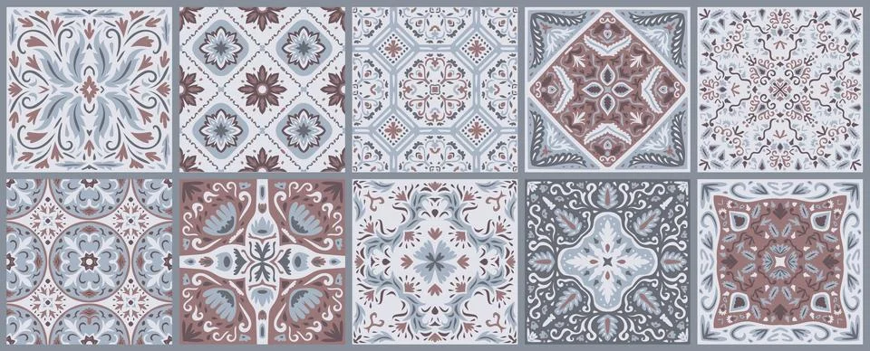 Set of patterned azulejo floor tiles. Collection of ceramic tiles Stock Illustration