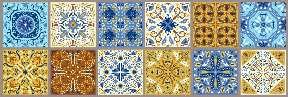 Set of patterned azulejo floor tiles. Collection of ceramic tiles Stock Illustration