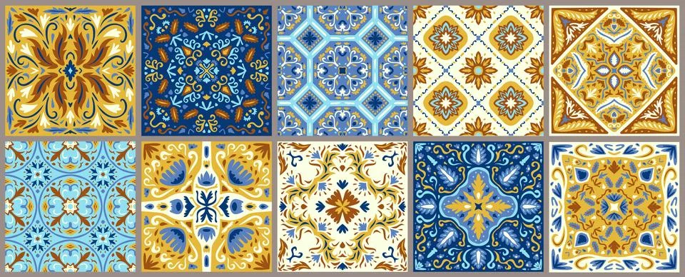 Set of patterned azulejo floor tiles. Collection of ceramic tiles Stock Illustration