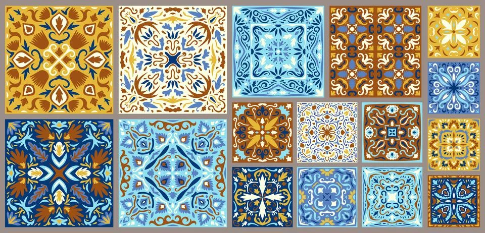 Set of patterned azulejo floor tiles. Collection of ceramic tiles Stock Illustration