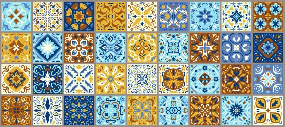 Set of patterned azulejo floor tiles. Collection of ceramic tiles Stock Illustration