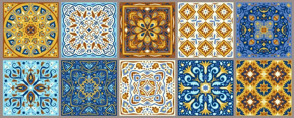 Set of patterned azulejo floor tiles. Collection of ceramic tiles Stock Illustration