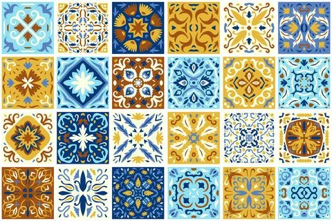 Set of patterned azulejo floor tiles background. Seamless colorful pattern Stock Illustration