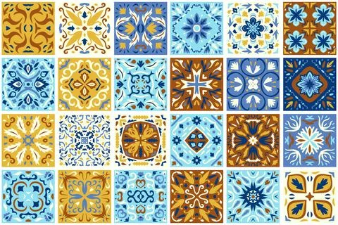 Set of patterned azulejo floor tiles background. Seamless colorful pattern Stock Illustration