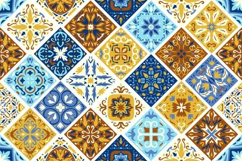 Set of patterned azulejo floor tiles background. Seamless colorful pattern Stock Illustration