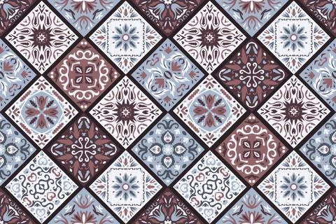 Set of patterned azulejo floor tiles background. Seamless colorful pattern Stock Illustration