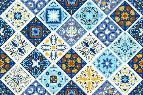 Set of patterned azulejo floor tiles background. Seamless colorful pattern Stock Illustration