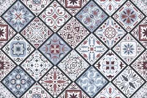 Set of patterned azulejo floor tiles background. Seamless colorful pattern Stock Illustration
