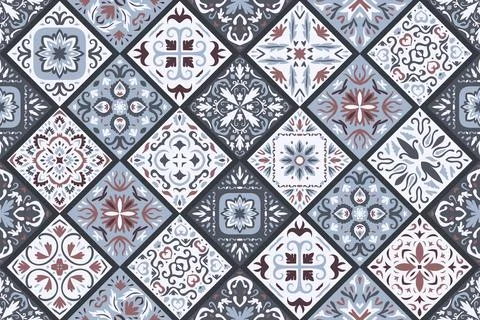 Set of patterned azulejo floor tiles background. Seamless colorful pattern Stock Illustration