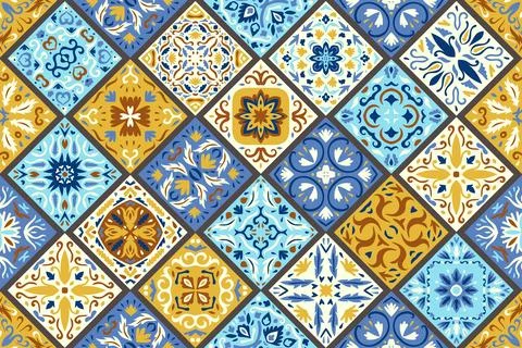 Set of patterned azulejo floor tiles background. Seamless colorful pattern Stock Illustration