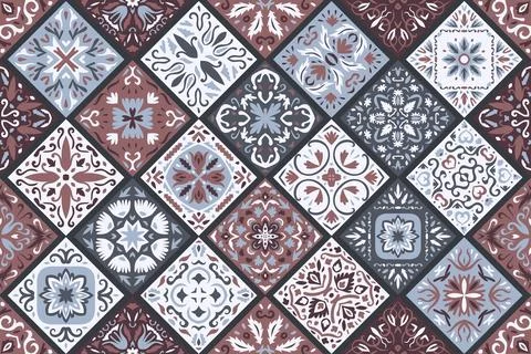 Set of patterned azulejo floor tiles background. Seamless colorful pattern Illustrazione stock