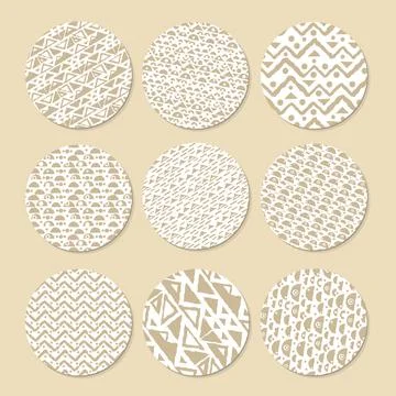 Set of patterned brown or beige and white circle washi tapes for scrapbooking Stock Illustration