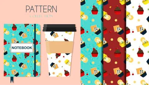 A set of patterns with cupcakes with cherries, chocolate, lemon, berries and Stock Illustration
