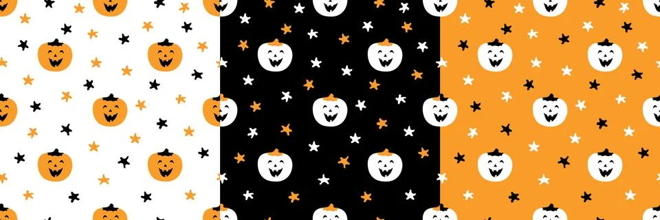 Set of patterns with cute pumpkins and stars. Halloween vector illustration f Illustrazione stock