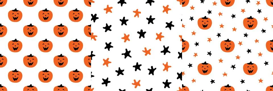 Set of patterns with funny pumpkins and stars on white. Halloween vector Illustrazione stock