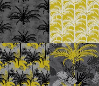 Set of patterns modern seamless pattern with silhouettes of palm trees in Stock Illustration