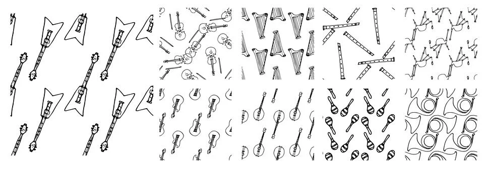 A set of patterns of musical instruments black contour. patterns of guitars Stock Illustration