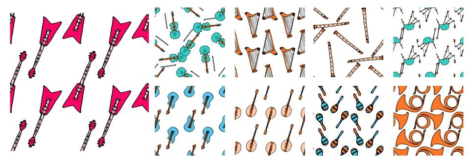 A set of patterns from musical instruments. patterns of guitar, violin, bagpipes Stock Illustration