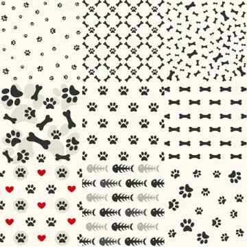 Set of patterns with paw footprints and bones Stock Illustration