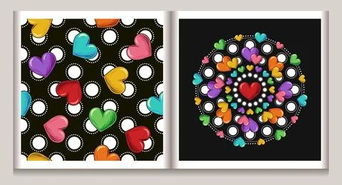 Set of patterns with polka dot ornament, hearts Stock Illustration